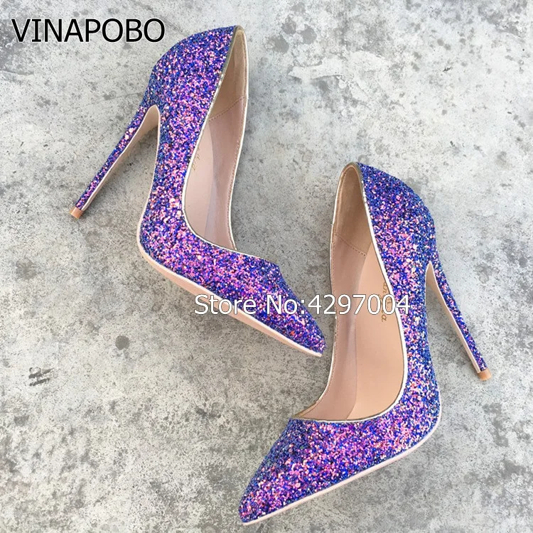 

vinapobo Wedding High Heel Shoes For Female Amazing Purple Bling Bling Sequins Thin Heel Pumps Sapatos Mujer Stunning Shoes