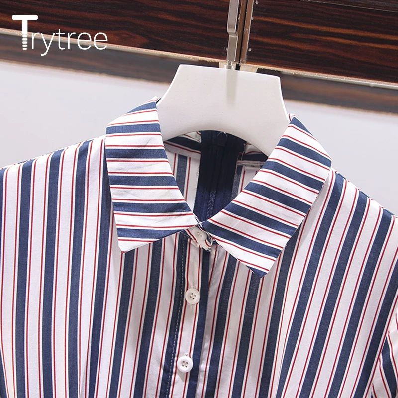 Trytree Spring Summer Dress Casual A-line Women Patchwork Stripe Shirt dresses Sashes Above Knee Turn-down Collar | Женская одежда