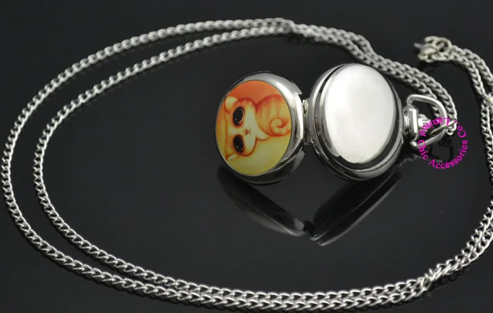 

wholesale pocket watch necklace silver mirror cute colorful cute yellow cat fob watches chain antibrittle lady girl women
