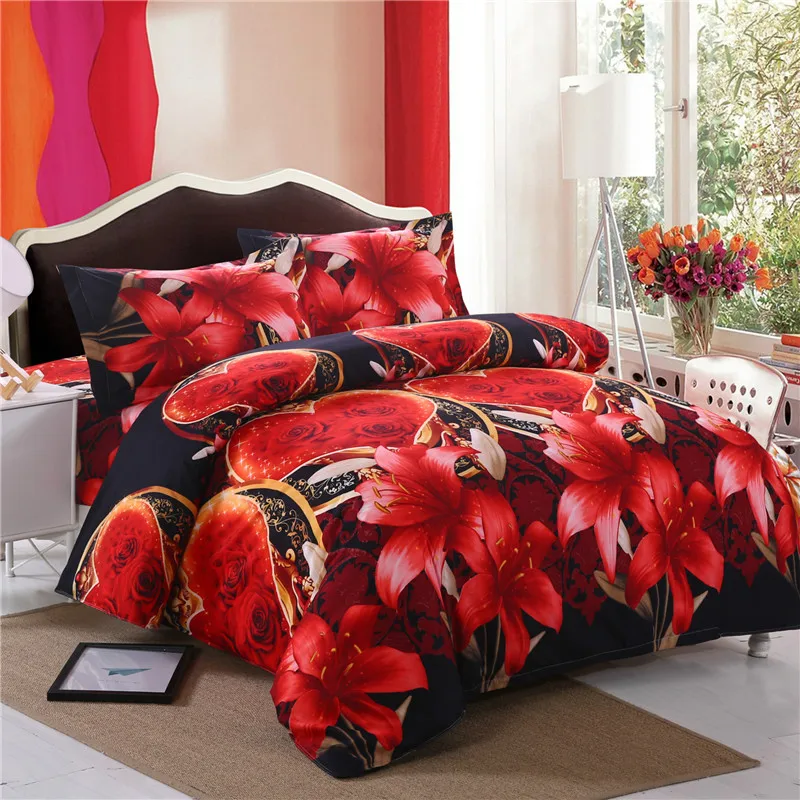 

New 4pcs 3D Flower Printed Beautiful Bed Linen Elegant Love Wedding Gift Full/Queen/King Couples Duvet Cover Set Bedding Set