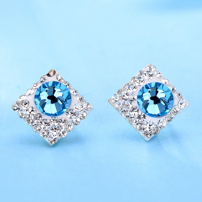 Женские серьги гвоздики из серебра 925 пробы с белыми оранжевыми и синими