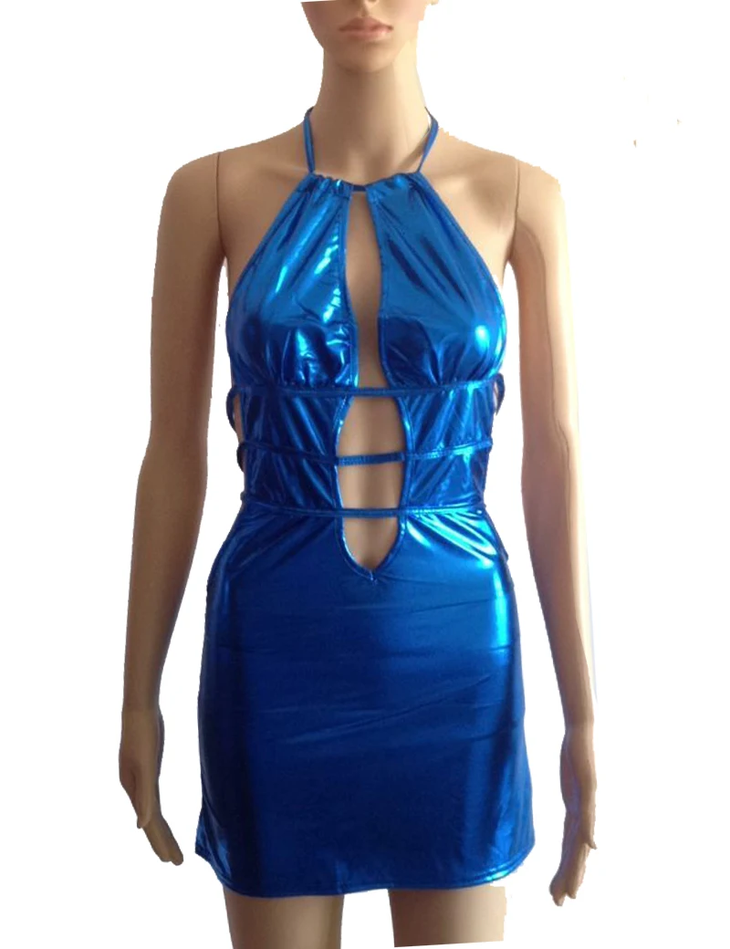 Женское платье с лямкой на шее синее/серебристое облегающее мини открытой