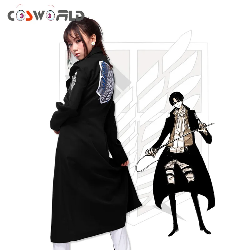 Coshome Shingeki No Kyojin Топы атака на Титанов костюмы для косплея Леви Микаса Эрен Тренч пылезащитный черный плащ