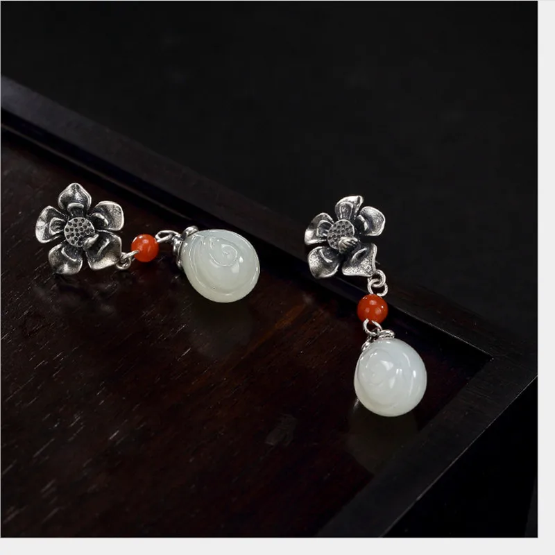 

Uglyless Real 925 Sterling Silver Handmade Vintage Thai Silver Flower Earrings Jade Rose Flower Earrings for Women Fine Jewelry