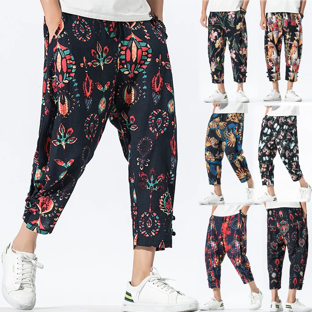 Мужские льняные брюки с принтом осенние уличные джоггеры Брюки Модный шнурок хип