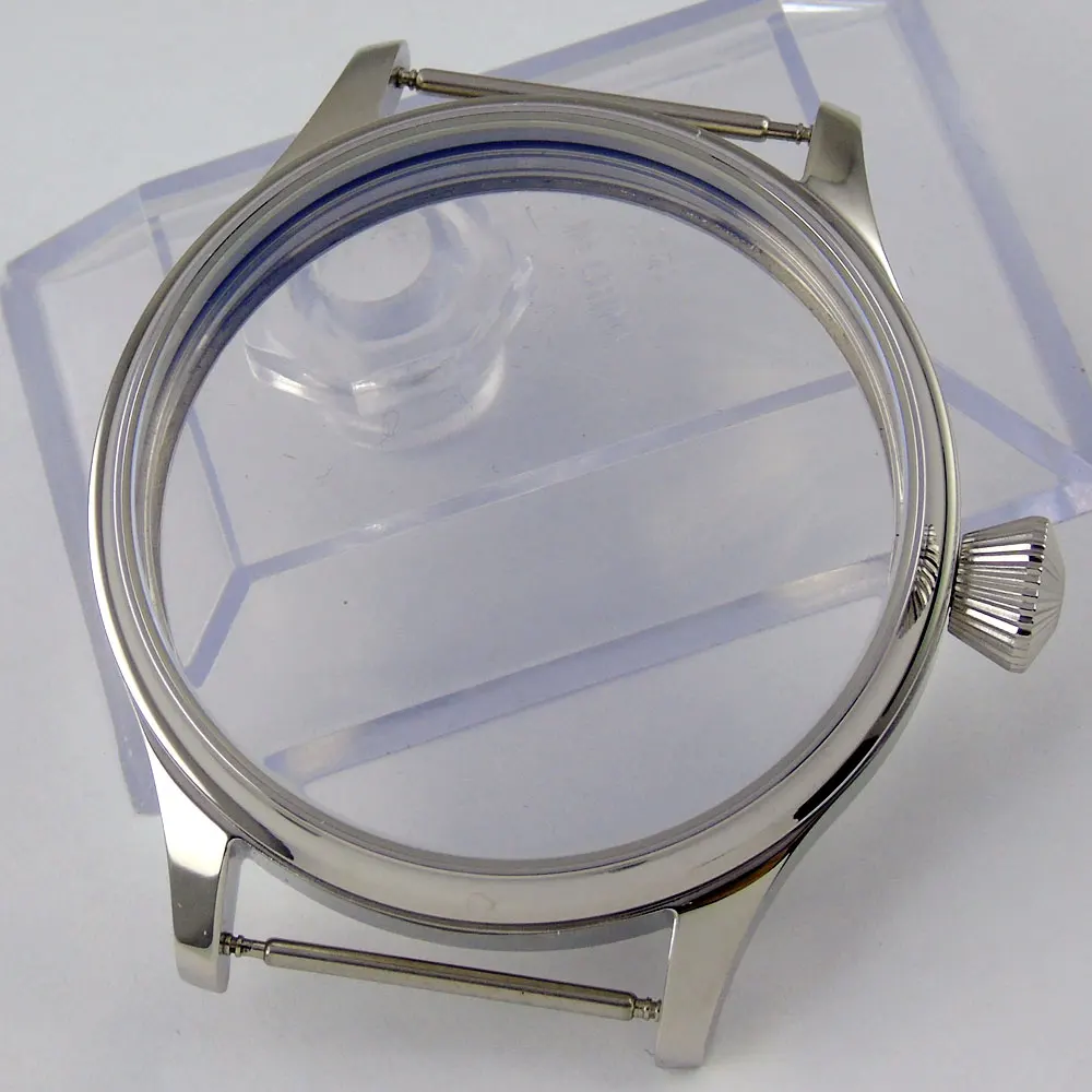 

44mm parnis polished stainless steel watch case High quality hardened mineral glass fit eta 6497 6498 movement Watch Case