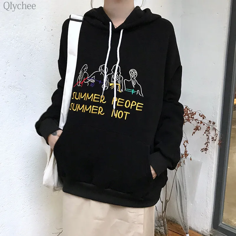 Qlychee характер Письмо Вышивка толстовки с капюшоном Женский длинным рукавом
