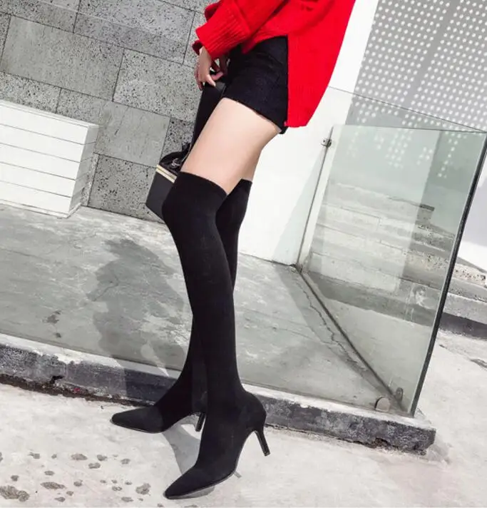 Black High Heels Облегающие высокие сапоги-ботфорты с блестками; Bottes; женская брендовая обувь с острым носком; Цвет Серебристый; эластичные сапоги на плоской подошве; Botines; вязаная обувь - Цвет: Black High Heels