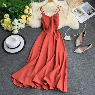 orange red Сексуальное длинное платье на бретельках для женщин, лето, одноцветное пляжное платье с v-образным вырезом на спине, вечерние платья макси, женское платье, Vestidos - Цвет: orange red