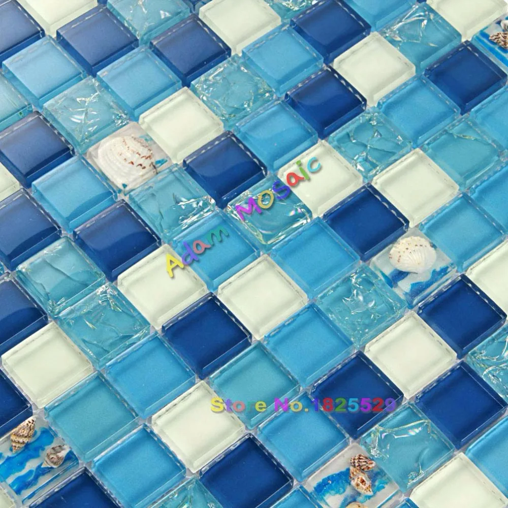 Crystal Mosaic tiles Crackle Glass Tile Blue And White Sea Shell For Bathroom Shower Backsplash Kitchen Subway | Обустройство дома