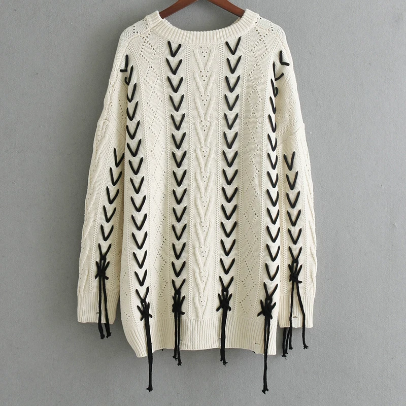 TWOTWINSTYLE Осень Зима Женский Ретро Круглый вырез белый свитер с длинным рукавом