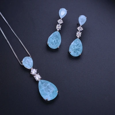 Blue-white plated Newranos серьги-гвоздики в форме капли воды и ожерелье с кулоном, вечерние Ювелирные наборы, подарок для женщин SFX003912 - Окраска металла: Blue-white plated