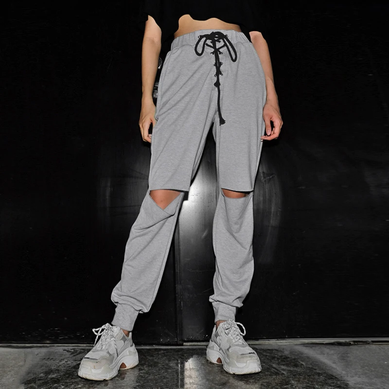 

Hole Pants Elastic Ankle Ripped Sweatpants Joggers Women Clothes Knee Cut Destroyed Street Wear Trousers Lace Up High Waist Gray