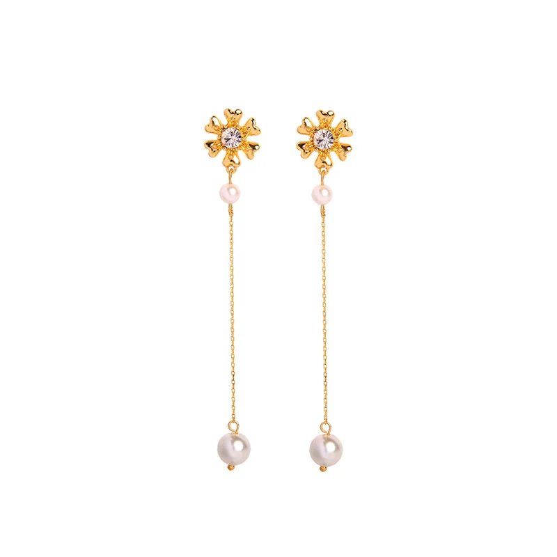 Серьги капли золотого цвета с цветами имитация жемчуга гипоаллергенные серьги