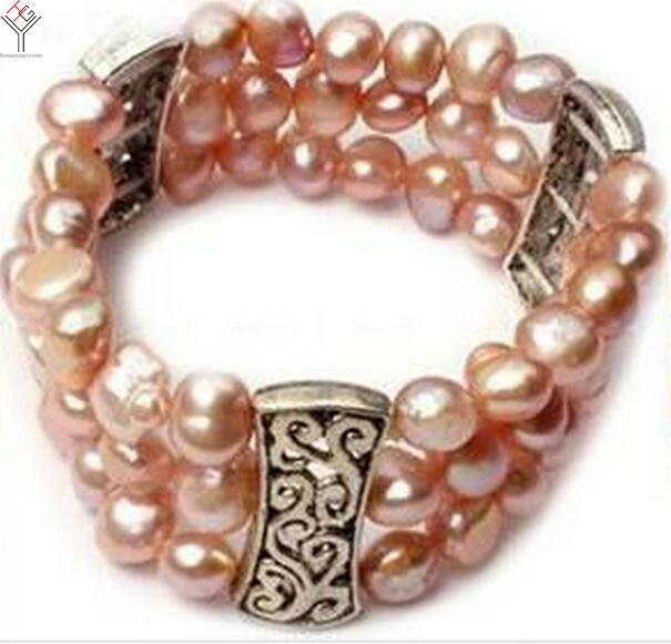 

Woman 3 Rows Bracelet 8-9mm Pink Pearl Elastic rope bracelet Natural Freshwater Pearl 3 strands