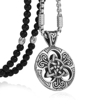 mens stainless steel celtic knot magic both sided pendant necklace with black natural stone chain 26 for men jewelry