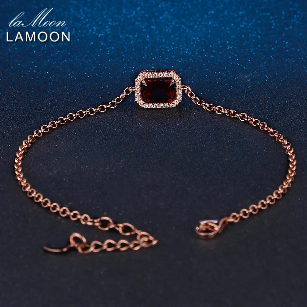 LAMOON- 5X7mm 1.1ct Natural Rectangular Red Garnet 925 Sterling Silver Jewelry Chain Charm Bracelet S925 LMHI001 | Украшения и