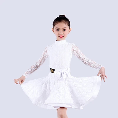 white dress 1 Латинский платье для танцев для девочек с длинным рукавом Кружева Стандартный конкурентоспособная платья Детские бальные детские Samba одежда для танго танцевальная одежда DN5019 - Цвет: white dress 1