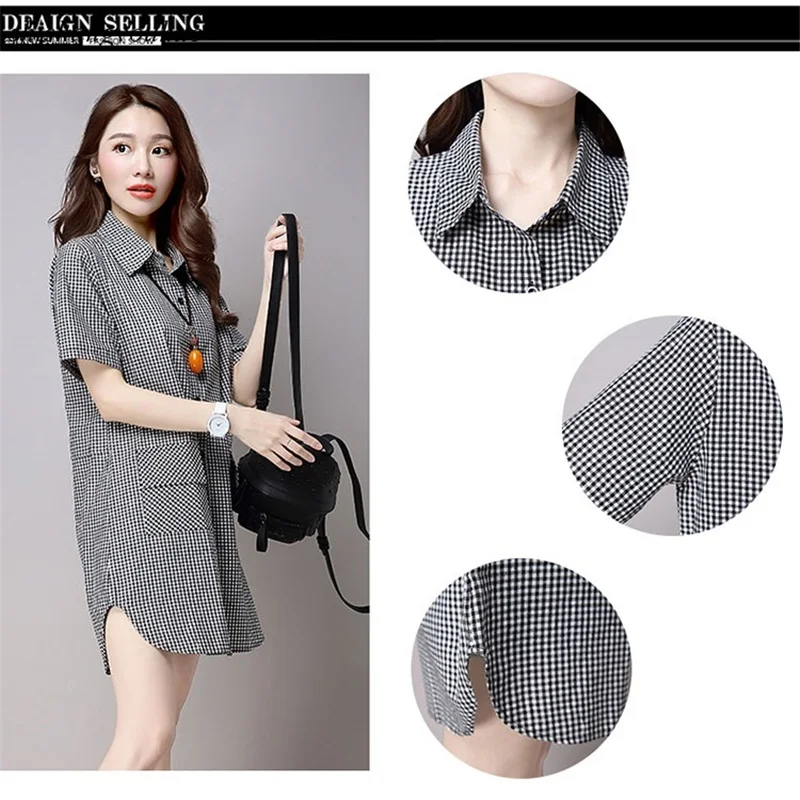2017 New Summer Autumn Women Long Shirts Loose Large Size Cotton Plaid Shirt Lady Fashion Casual Short Sleeve Wild Simple |