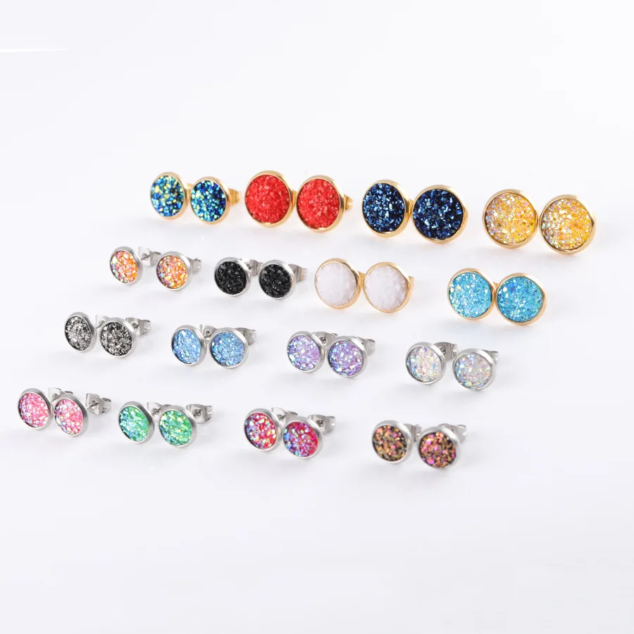 Fnixtar Sparking Crystal Drusy Серьги 8 мм 10 12 смешанные размеры нержавеющая сталь Druzy кварцевые