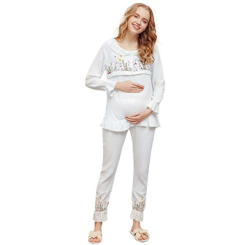 

Cotton Gauze Nursing Pregnant Nightgowns Full Sleeve Maternity Breastfeeding Sleepwear Set for Pregnancy Woman Pajamas suit