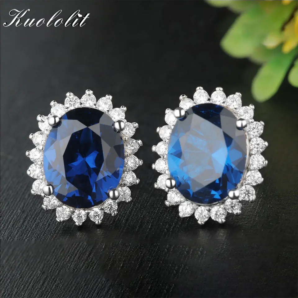 Blue sapphire Kuolit Твердые 925 пробы серебряные серьги гвоздики для женщин танзанит драгоценный камень украшения на свадьбу, годовщину - Цвет камня: Blue sapphire