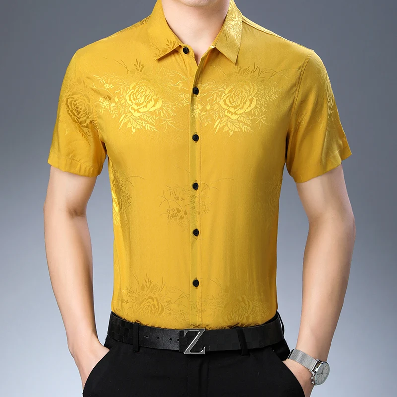 New Arrival Mens Silk  Dress Shirt Short Sleeve Floral Shirts  Elegant Male Casual Floral Soft Silk Clothes