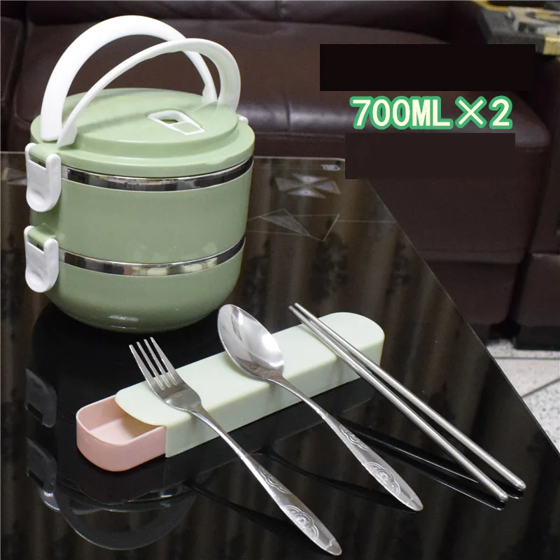 Green 2 Layer Японский стиль Ланчбокс термо нержавеющая сталь пластик круглый взрослых леди детское питание контейнер Многофункциональная портативная коробка для бенто набор - Color: Green 2 Layer