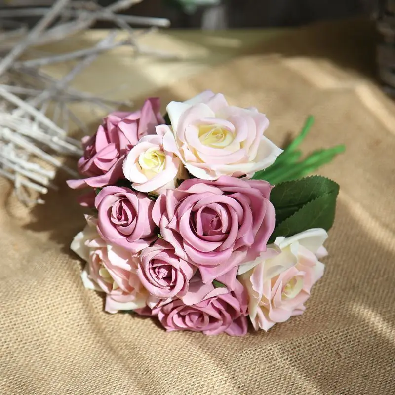 9PCS white purple 7/8/9/12 шт./лот Искусственные цветы розы свадебный букет год розовый Королевская роза из шелка с цветочным принтом украшения дома Свадебная вечеринка Декор - Цвет: 9PCS white purple