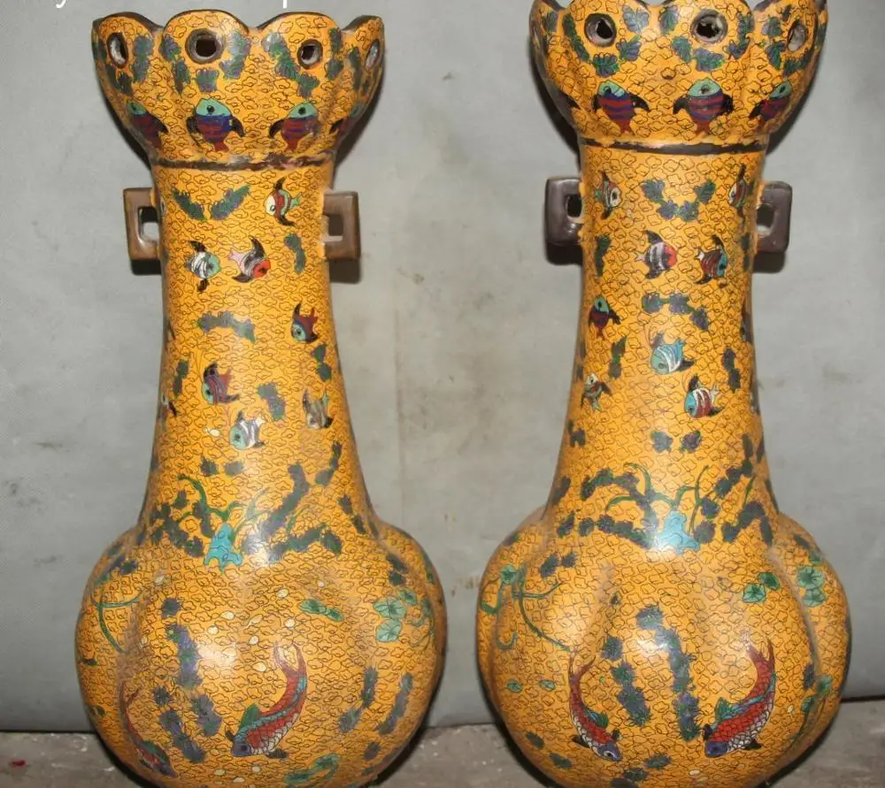 Qing Dynasty Cloisonne Enamel Purple Bronze Fish Fishes Bottle Vase Jar Pair | Дом и сад
