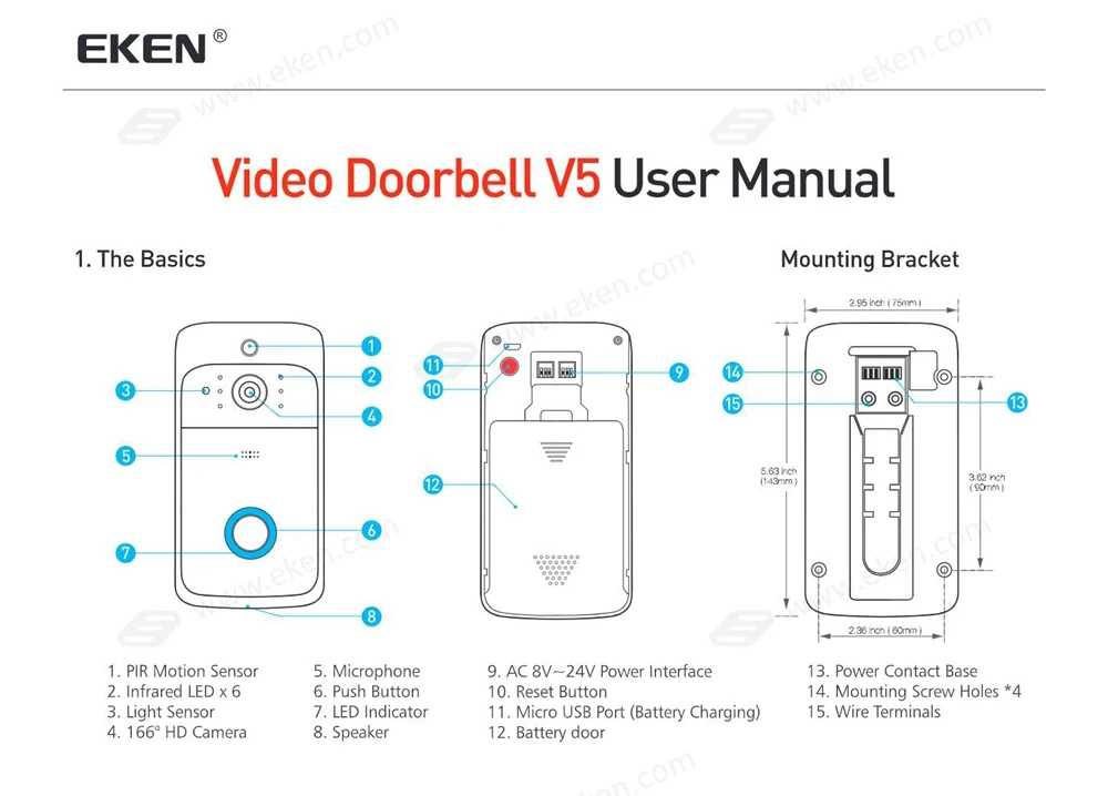 Eken V5 Wifi умный дом видео дверной звонок камера Дверной звонок с колокольчиком ночного видения PIR датчик движения приложение управление