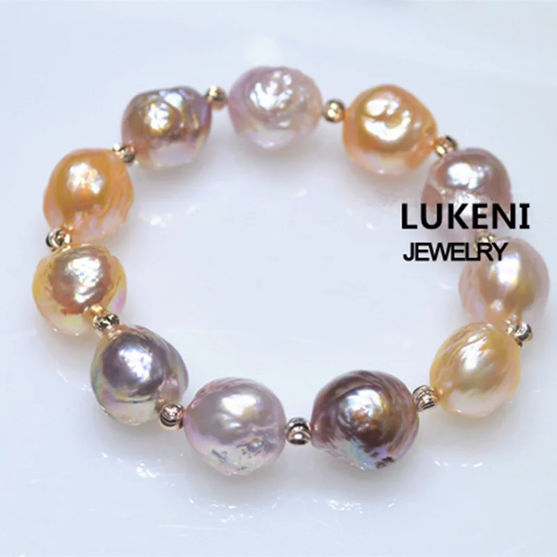 Подлинный 100% натуральный браслет из разноцветных барочных жемчужин 11-13 мм, модные эластичные браслеты из розового золота для женщин, бесплатная доставка.