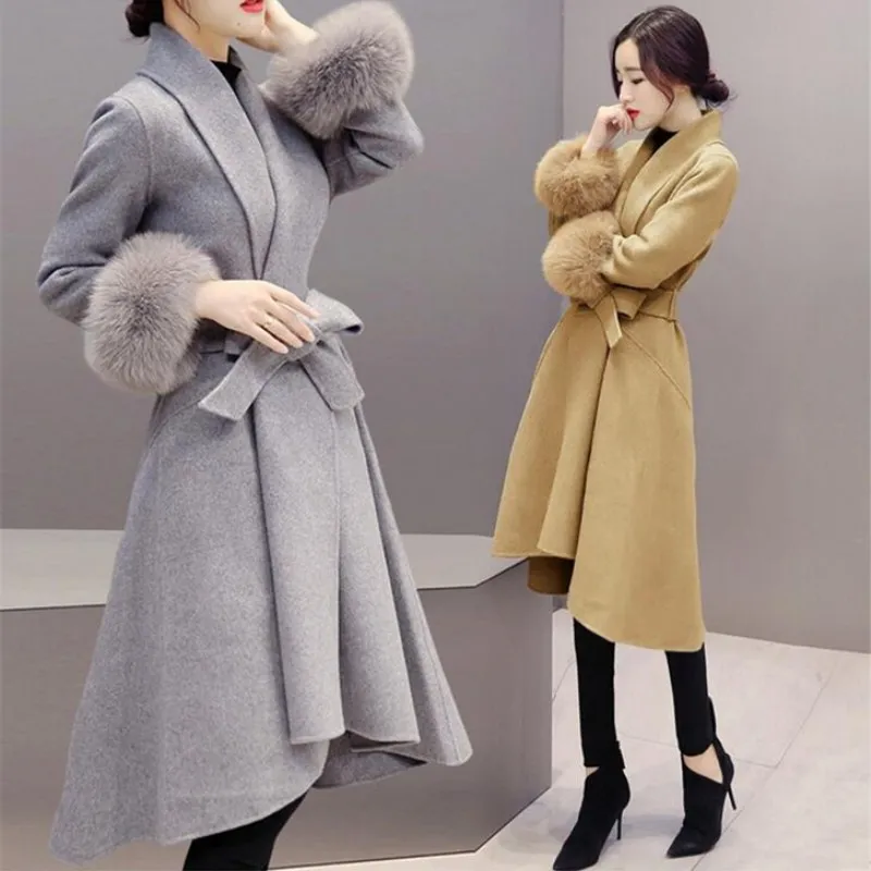 

Elegant Slim Women Winter Wool Blend Coat Autumn Winter Long Wool Coat and Jacket Solid Detachable Fur Outerwear Plus Size