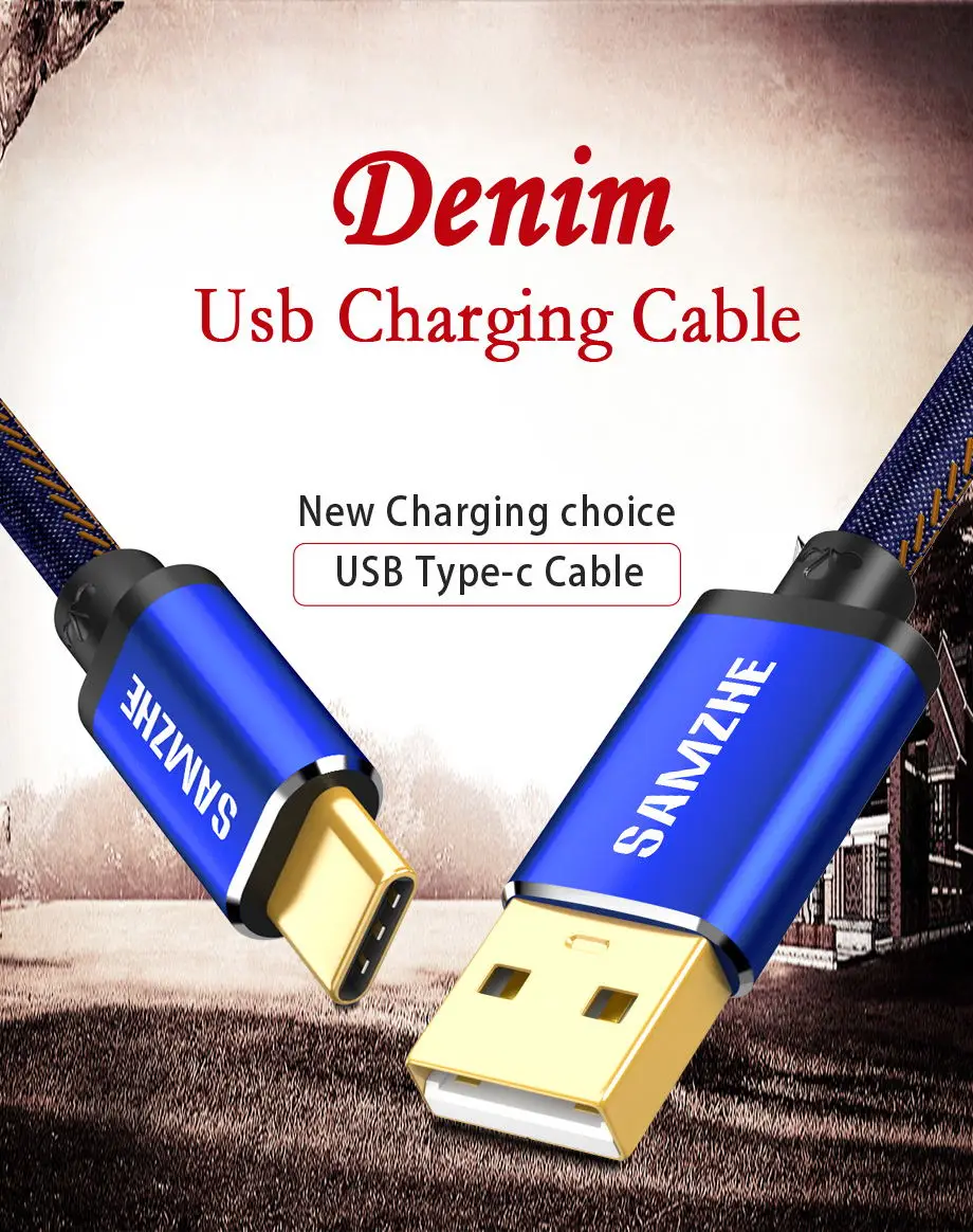 SAMZHE USB 2,0 Тип usb C кабель джинсы ткань 5V 2A кабель для быстрой зарядки из джинсовой ткани плетеный телефонный кабель для зарядки и передачи данных для Xiaomi huawei Letv samsung