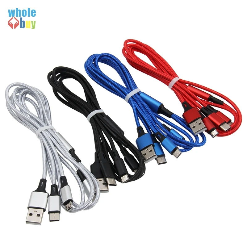 100 шт./лот нейлоновая плетеная ткань 3 в 1 USB Type C Micro 5pin 8pin кабель для быстрой зарядки