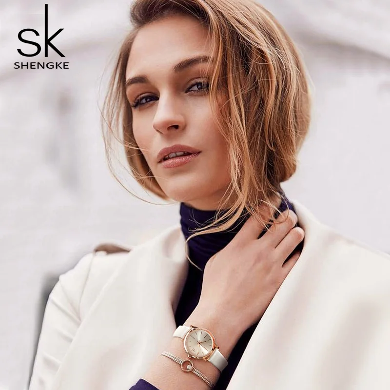 Shengke женские модные нарядные часы с кожаным ремешком кварцевые наручные