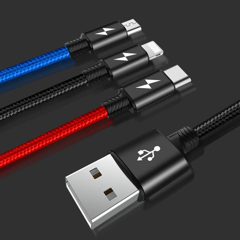 2 м один перетащить три плетеный линии передачи данных подходит для Apple type-c для Android телефонов USB три-в-одном кабель для зарядки