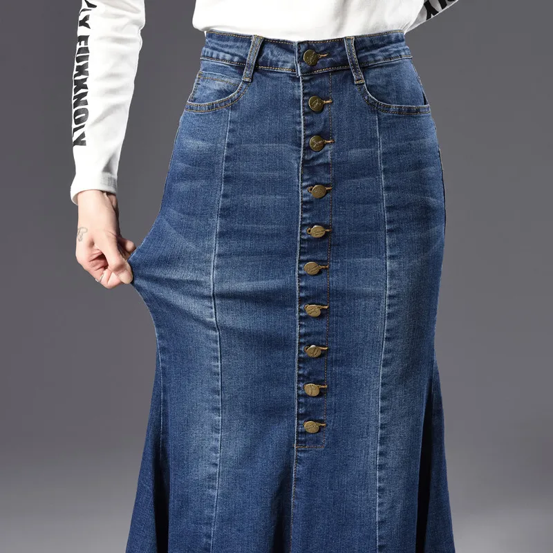 Schinteon Flare Women Denim Trumpet Mermaid Skirt Spring Autumn Jeans Bodycon Ankle Long Skirts Button | Женская одежда