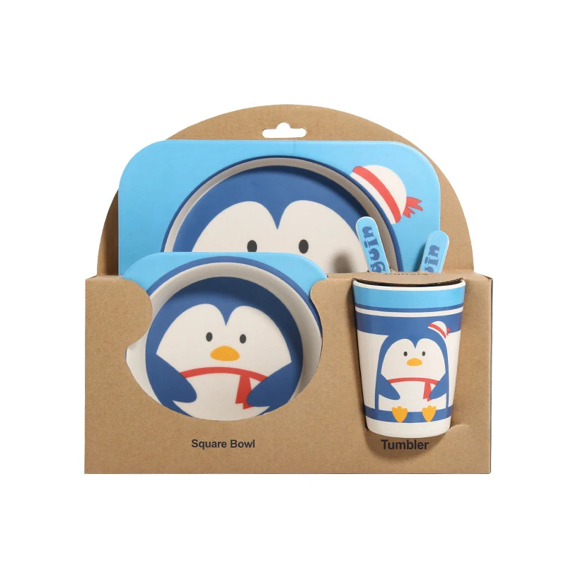 Penguin 5 шт./компл. пластина+ галстук-бабочка+ вилка из овечьей шерсти+ стакан с принтом в виде животных для маленьких столовая посуда набор для кормления детское нижнее белье из бамбукового волокна; милая детская контейнер посуда набор - Цвет: Penguin
