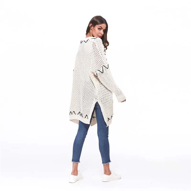 Elegant Side Slit Knitting Long Cardigan Women Sweater Sleeve Jumper Autumn Oversized Loose Female Hollow Out Jersey Coat |