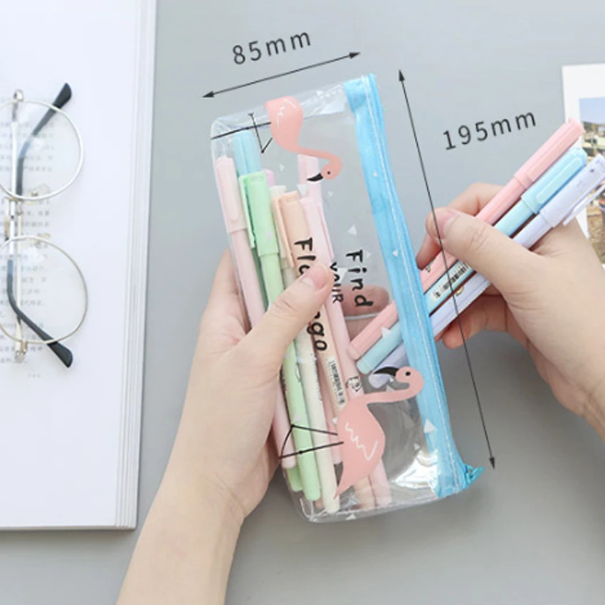 

10pcs/lot Korean Version Transparent Literary Flamingo Pencil Case Large Capacity Student Bag Office School Supply Girl Gift