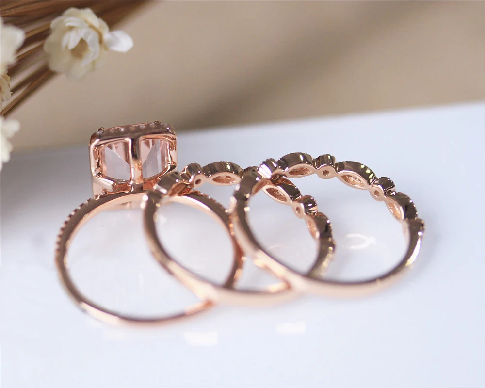 DUPUY VS 7*9mm Emerald Cut Morganite Engagement Ring Set Art Deco Half Eternity Diamond Wedding 3pcs 14K Rose Gold | Украшения и