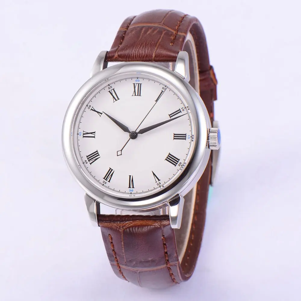 40 мм corgeut белый стерильный циферблат коричневый ремешок автоматические мужские