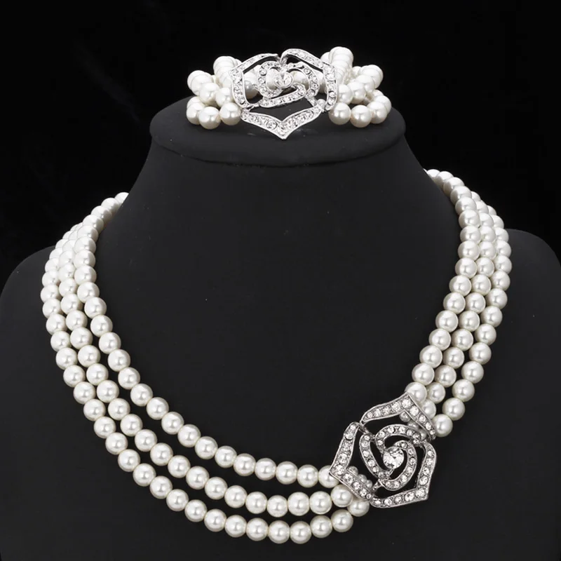 Милый розовый цветок имитация жемчуга бусы наборы прозрачный горный хрусталь