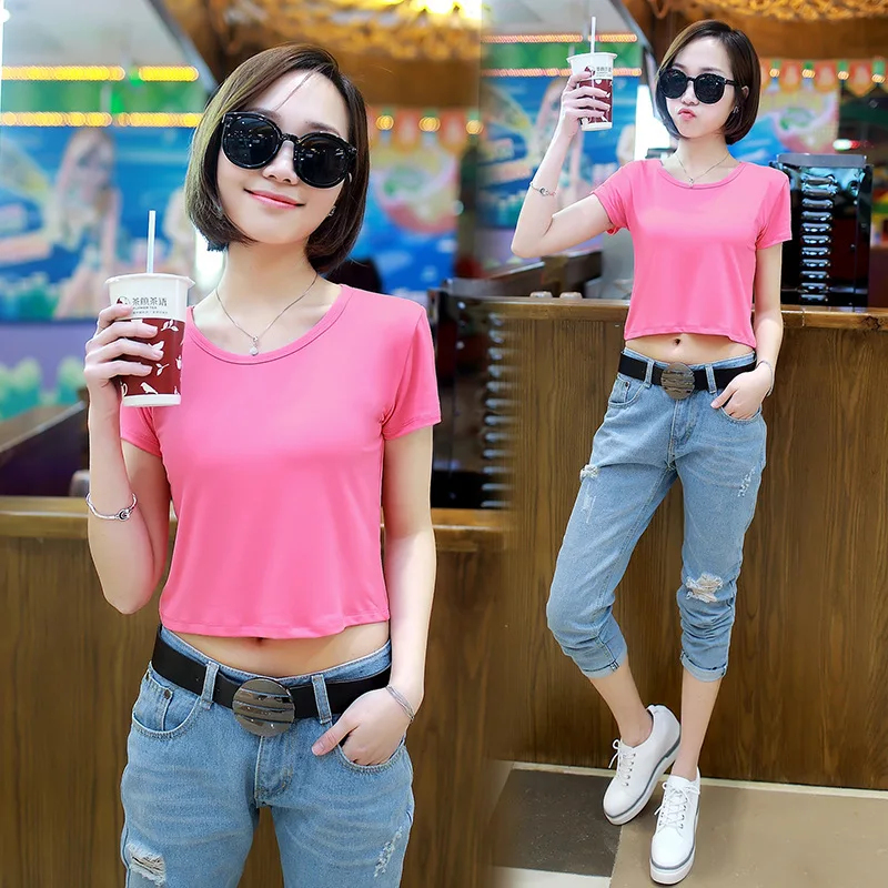 Однотонная Летняя женская укороченная майка Сексуальная короткая футболка с