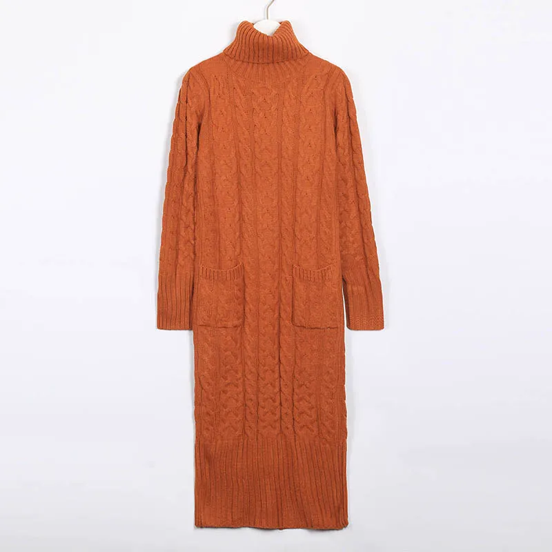 Wixra Knitted Dress Autumn Winter Solid Turtleneck Mid-Calf Pockets Sweater Dresses Women's Clothing - Цвет: Caramel