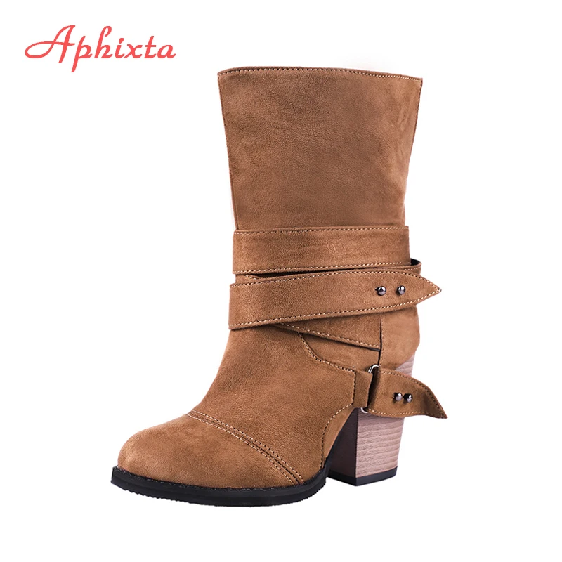 

Aphixta Plus Size Shoes Women Boots Lace-Up Motorcycle Boot Female Platform Casual Buckle Retro Ladies Footwear Square Heel Shoe