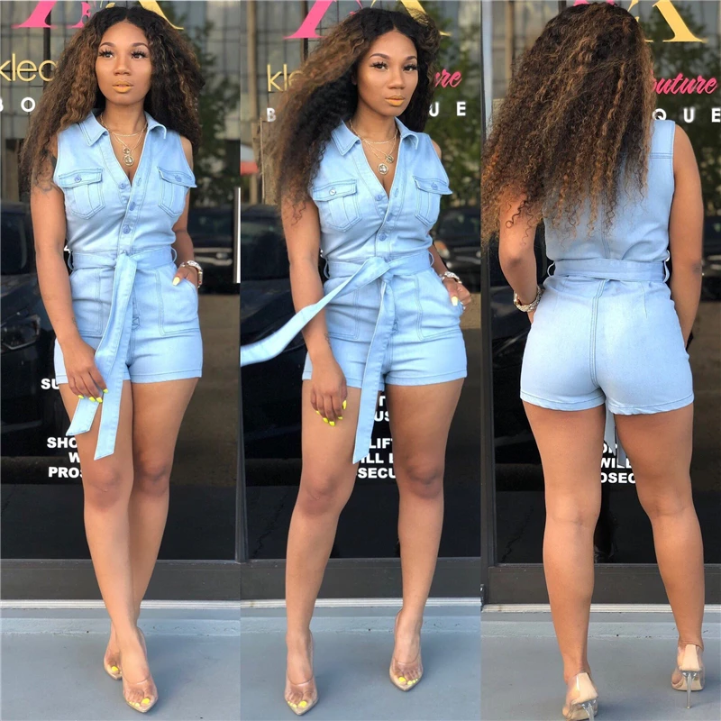 

Adogirl Summer Shorts Jeans Jumpsuit Buttons V Neck Sleeveless Denim Romper with Belt Pockets Overalls Casual Playsuits