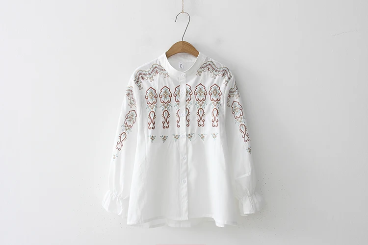 Curry Pattern Новинка, белая рубашка, Офисная Женская одежда, на пуговицах, со стоячим рукавом-бабочкой, хлопковая блузка с цветочной вышивкой, горячая распродажа, 8d429m - Цвет: Curry Pattern