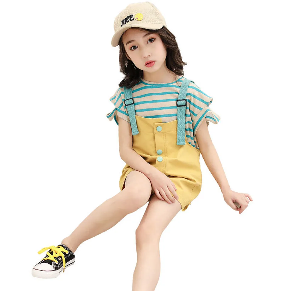Летний комплект одежды для девочек футболка маленьких топ + комбинезон комплекты
